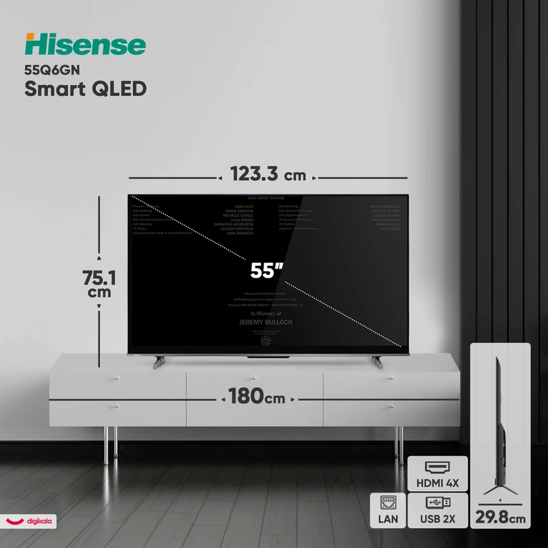 تلویزیون هوشمند کیو ال ای دی هایسنس مدل 55Q6GN سایز 55 اینچ با کیفیت تصویر 4K، سیستم‌عامل Android12، دارای قابلیت اتصال به اینترنت، ضبط برنامه (PVR)، جدول پخش برنامه، Time Shift، پنل VA، پردازنده چهار هسته‌ای، حداکثر نرخ به‌روزرسانی 60 هرتز