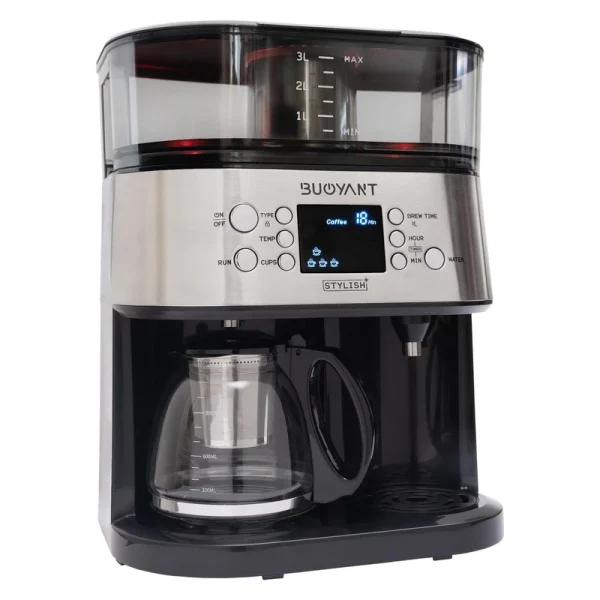 چای و قهوهساز بویانت مدل Stylish Plus، با فیلتر استیل ضد زنگ، دارای تایمر، صفحه گرم نگهدارنده قهوه و عیبیابی خودکار