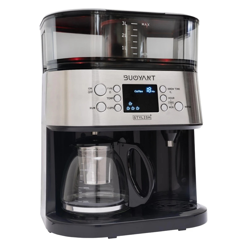 چای و قهوهساز بویانت مدل Stylish Plus، با فیلتر استیل ضد زنگ، دارای تایمر، صفحه گرم نگهدارنده قهوه و عیبیابی خودکار